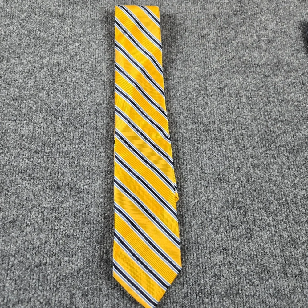 The Tie Bar Necktie Mens Yellow Navy Blue Striped 100% Silk Stain Resistant